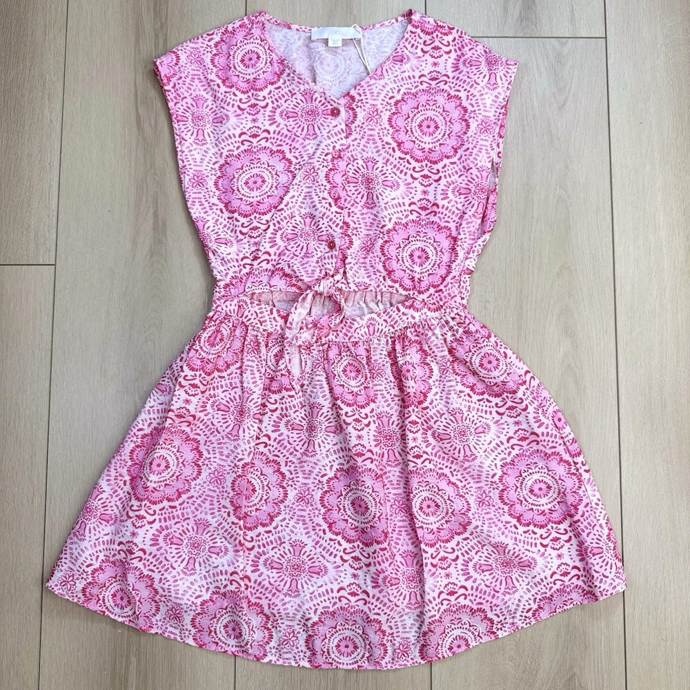 Zara Girls Pink Floral Sleeveless Dress Cutout Waist NWT Size 12-13Y 156cm